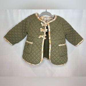 Max Studio Baby Quilted Green Coat with Floral Piping and Bows Size 0-3 months